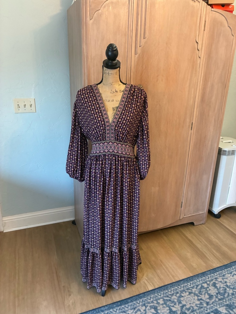 Max Studio London Women's 3/4 Puff Sleeve V-Neck Maxi Dress Large NWT Cottage